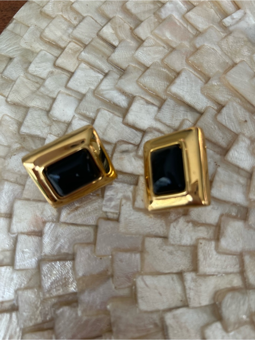 Vintage Escada square Gold Tone Clip On Earrings With Black Stone signature.